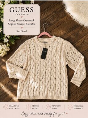 GUESS Tawnya Sequin Cable-Knit Crewneck Sweater in Cream
